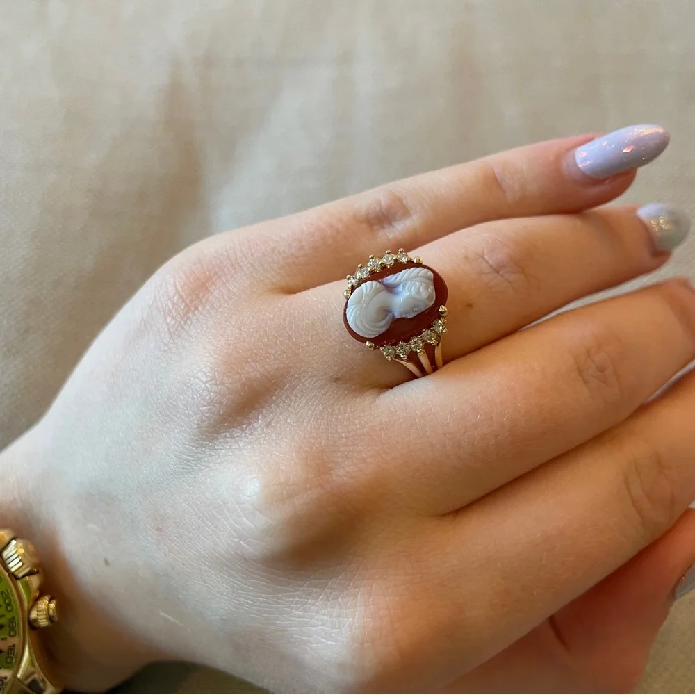 CAMEO❤️14K Gold❤️Diamond and Agate Cameo Portrait Statement Ring